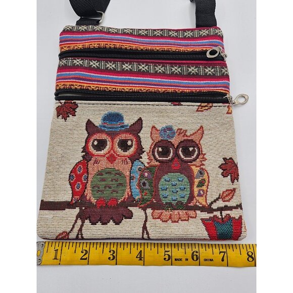 Embroided wise owl pair couple multicolor zipper pull adjustable purse bag - Picture 10 of 10
